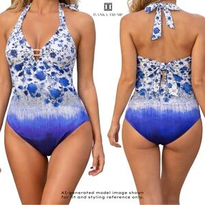 Ivanka Trump V-Neck Halter One-Piece Swimsuit Blue White chinoiserie style Sz 8